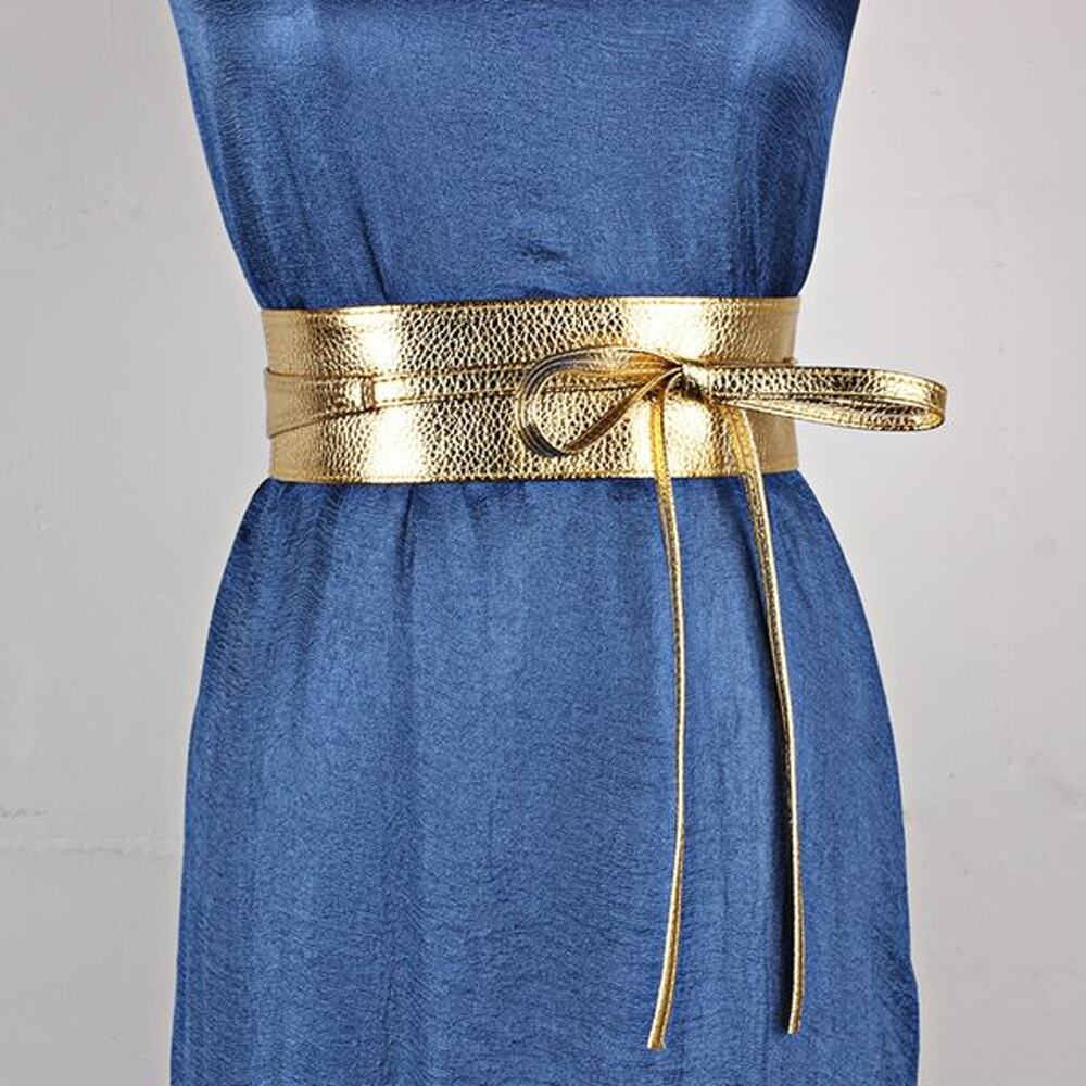 2/$30 Belt Wrap Around Waist Gold Boho Gypsy Cinched Faux Leather Tie Bow - Picture 3 of 8